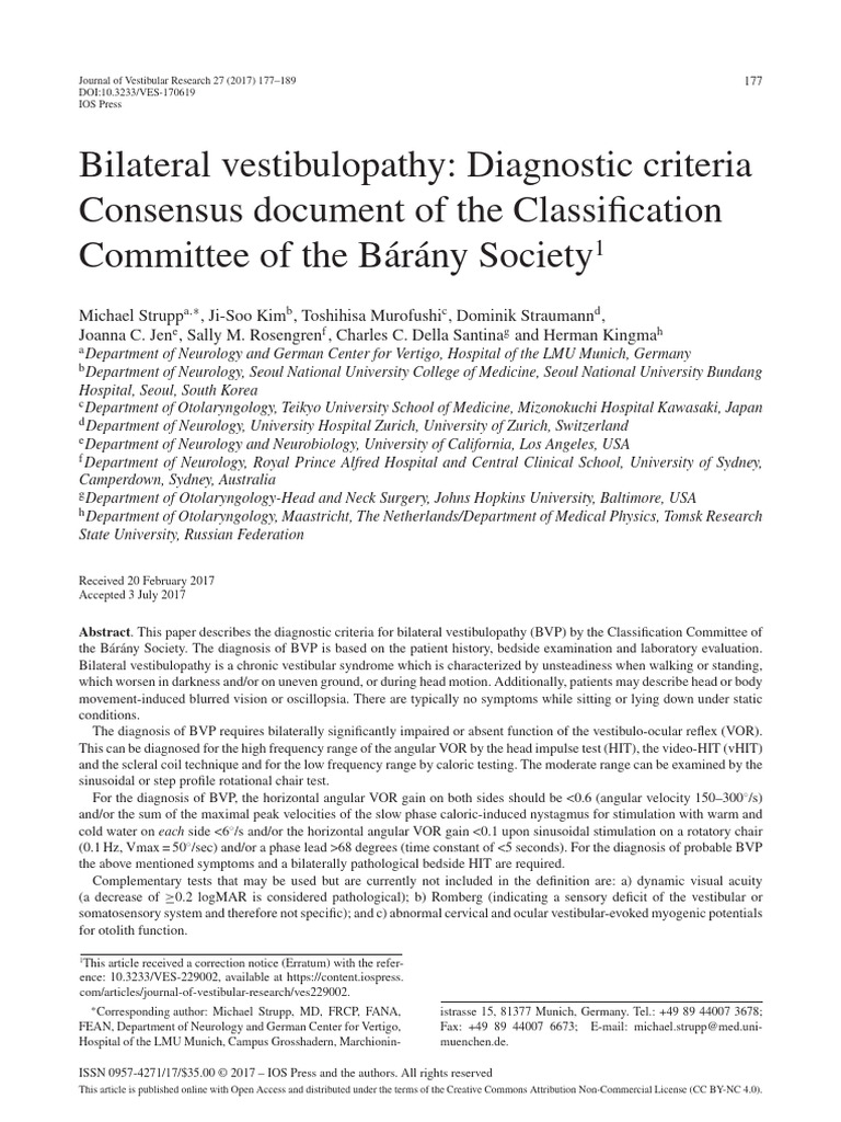Bilateral Vestibulopathy Diagnostic Criteria | PDF | Vertigo | Nervous ... - Vestibulopathy Symptoms