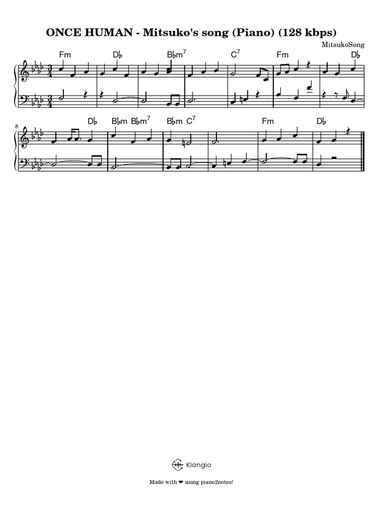ONCE HUMAN - Mitsuko’s Song (Piano) (128 Kbps) | PDF