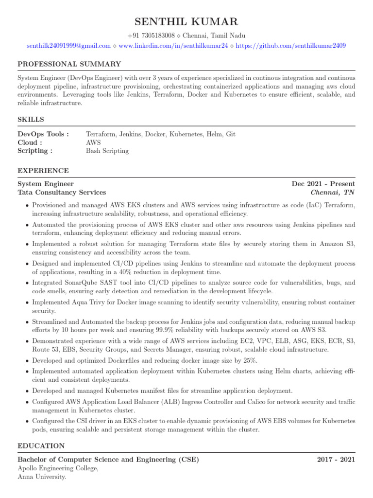 DevOps Engineer Resume - Senthil Kumar | PDF | Amazon Web Services ...