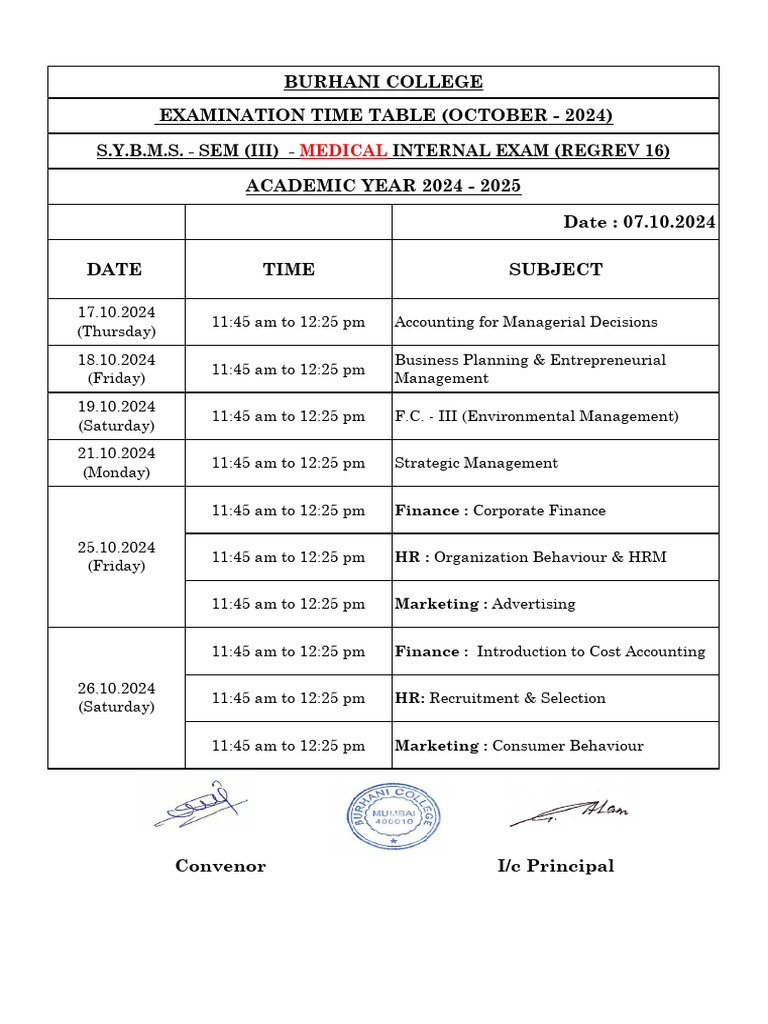 Burhani College October 2024 Exam Schedule | PDF | Marketing | Human ...