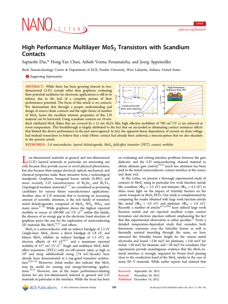 Scandium Contacts Enhance MoS2 Transistors | PDF | Field Effect ...