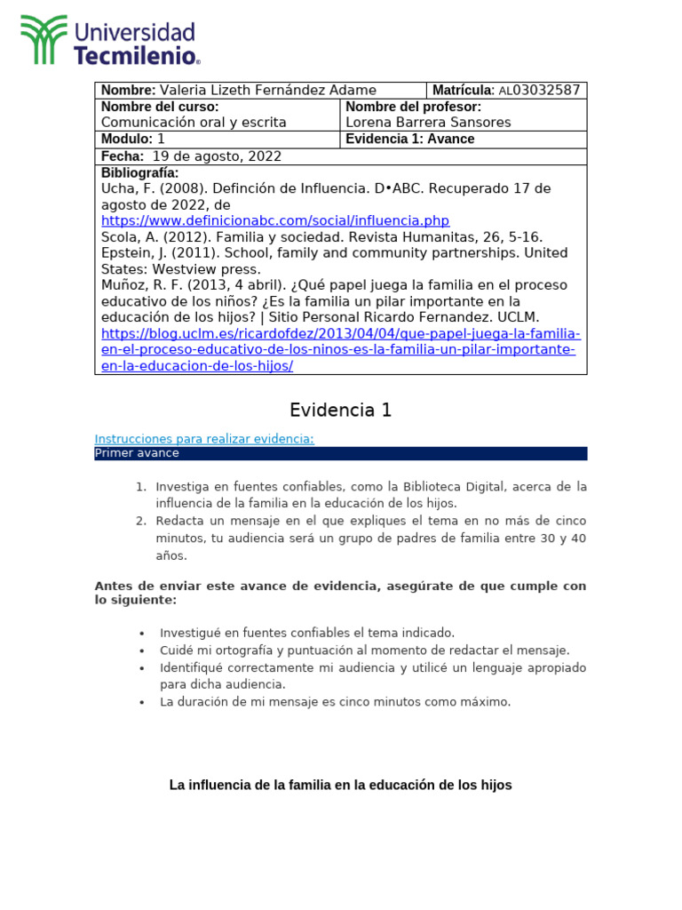 Comunicación Oral y Escrita - Evidencia 1 Avance 1 | PDF | Familia ...