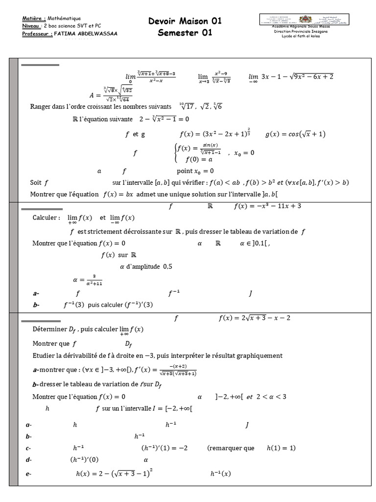 Exercices de mathématiques pour 2e bac | PDF | Fonction (Mathématiques ...