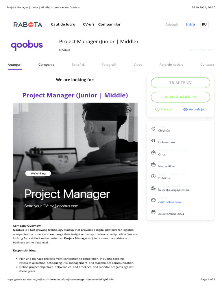 Project Manager (Junior - Middle) - Post Vacant Qoobus | PDF | Business ...