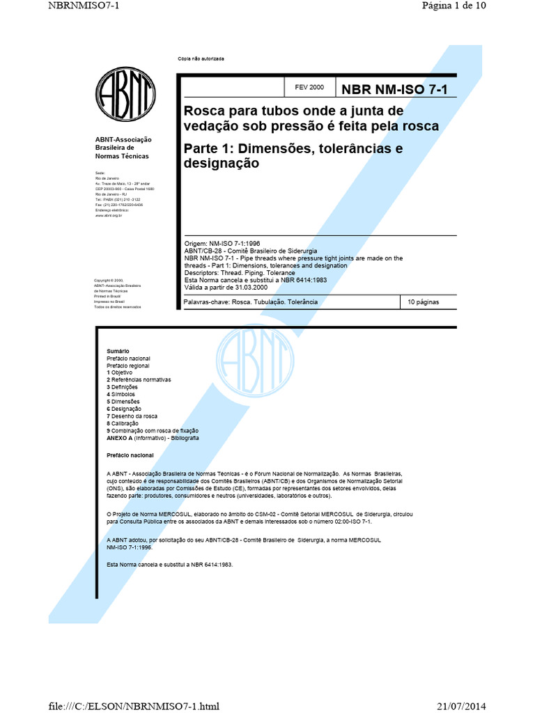 ISO 7-1 - Rosca Pressão Tubos NBR NM | PDF | Diâmetro | Engenharia Mecânica