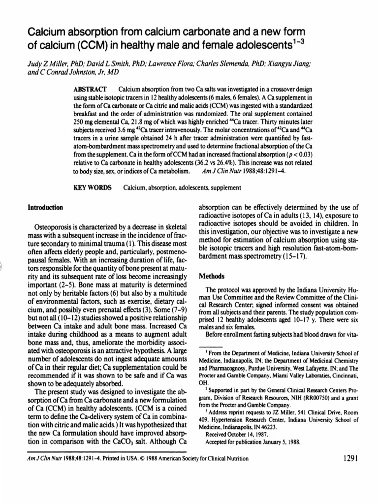 Miller et al 1988 calcium absorption from calcium carbonate and a