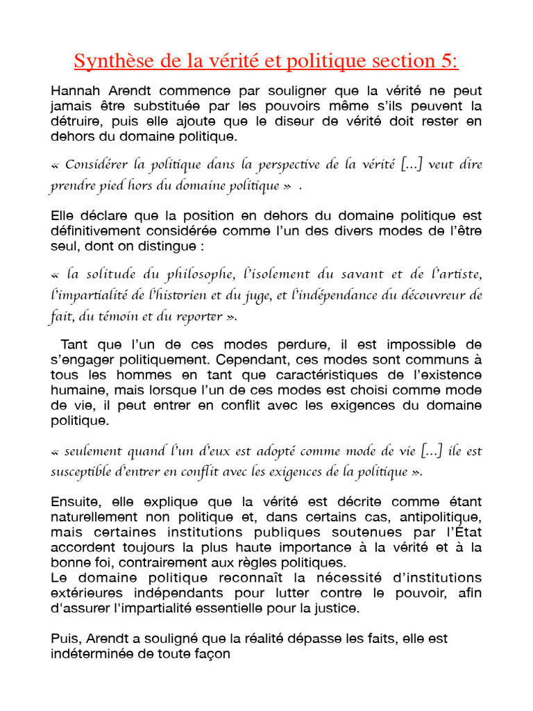 Vérité et politique selon Arendt | PDF | Vérité