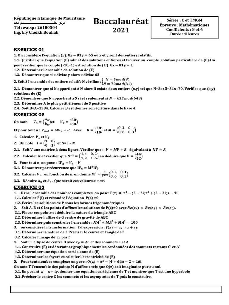 Épreuve de Maths Bac C 2021 | PDF | Nombre complexe | Fonction ...