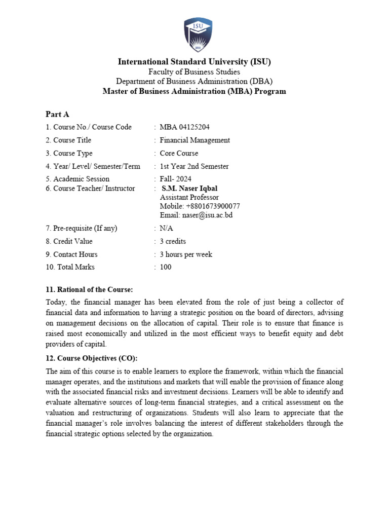 MBA Financial Management Course Overview | PDF | Internal Rate Of ...