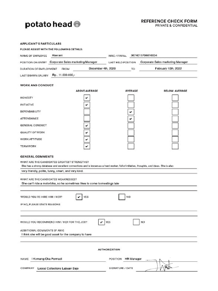 Reference Check Form Blank | PDF
