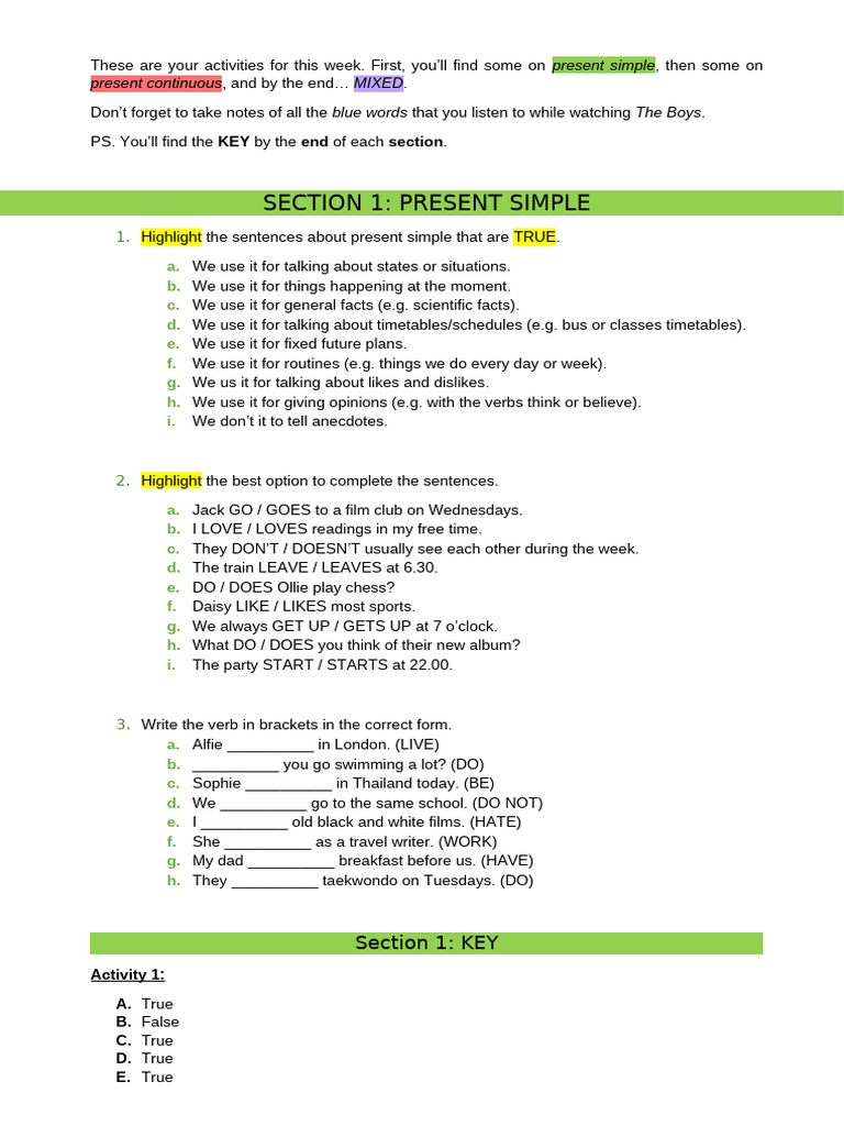 Present Simple vs. Continuous Activities | PDF | Language Arts ...