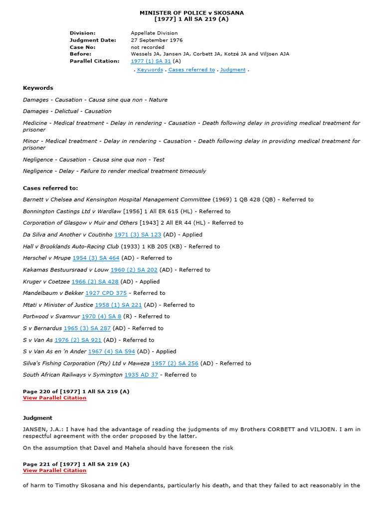 MINISTER OF POLICE V SKOSANA (1977) 1 All SA 219 (A) | PDF | Negligence