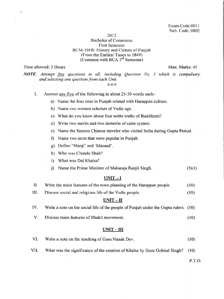 Bca 3rd sem bca 16 302 history and culture of punjab 1 from th