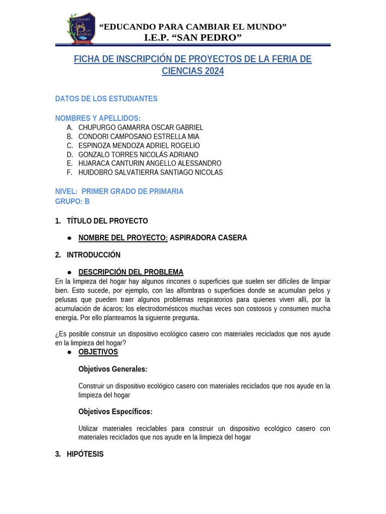 FICHA DE INSCRIPCIÓN DE PROYECTOS DE LA FERIA DE CIENCIAS 2024 ok PDF