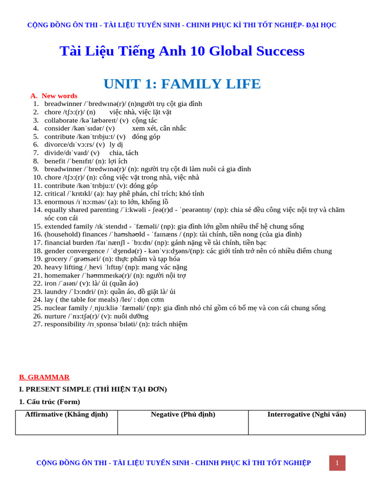 (CĐOT) UNIT 1 FAMILY LIFE - TIẾNG ANH 10 - GL | PDF