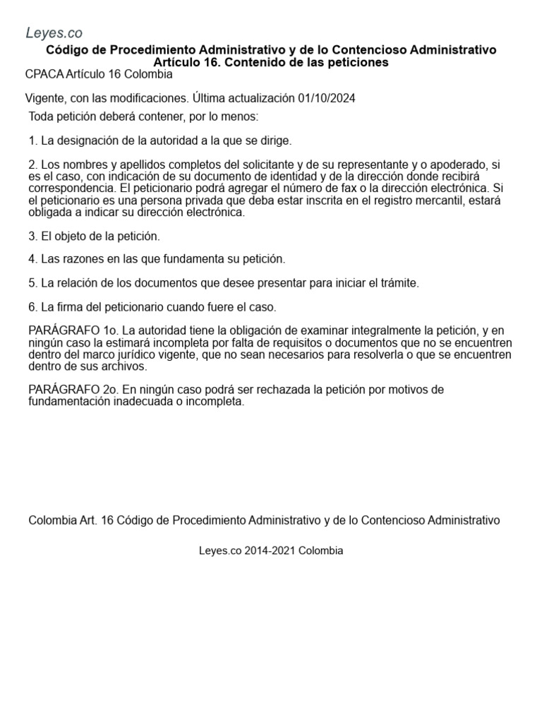Art. 16 Código de Procedimiento Administrativo y de lo Contencioso