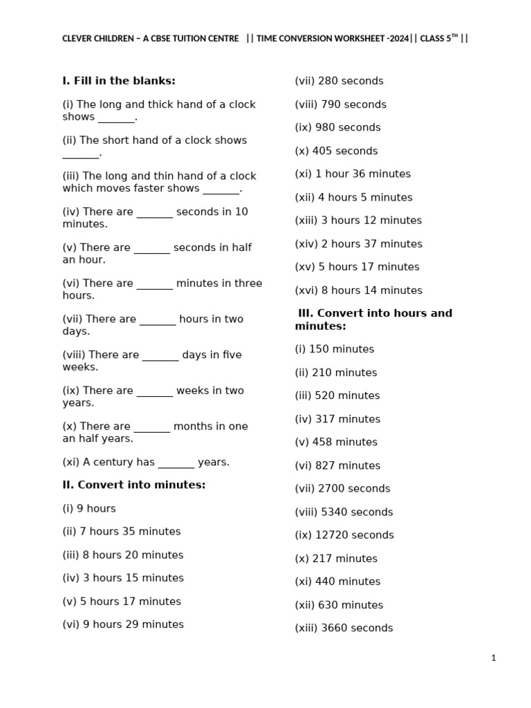 Class 5 Time Conversion Worksheet | PDF