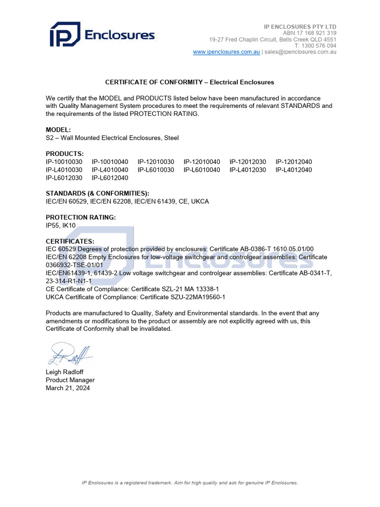 IP Enclosures Certificate of Conformity | PDF | Computers | Technology ...