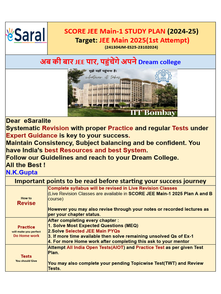 JEE Main 2025 Study Plan Overview | PDF | Chemistry | Physics