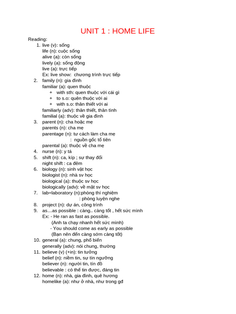 Unit 1 - Home Life | PDF
