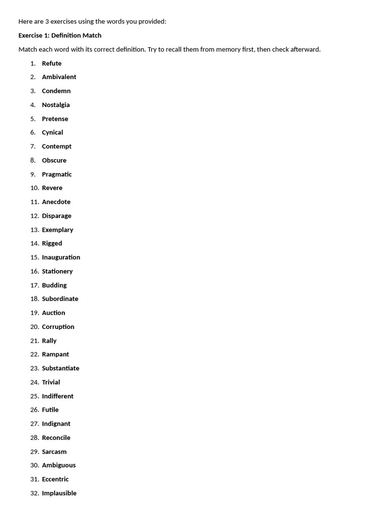Here Are 3 Exercises Using The Words You Provided | PDF