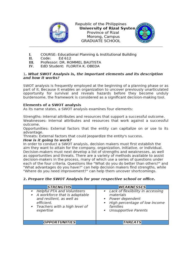 SWOT Analysis for Educational Planning | PDF | Swot Analysis | Decision ...