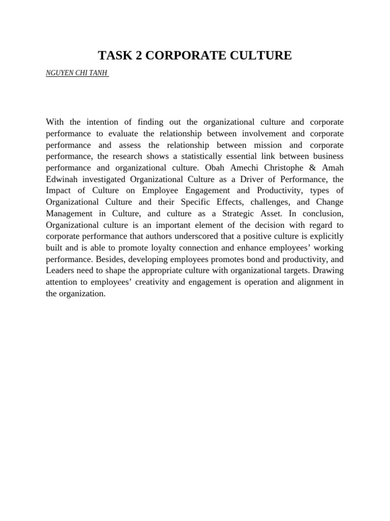Impact of Culture on Corporate Performance | PDF