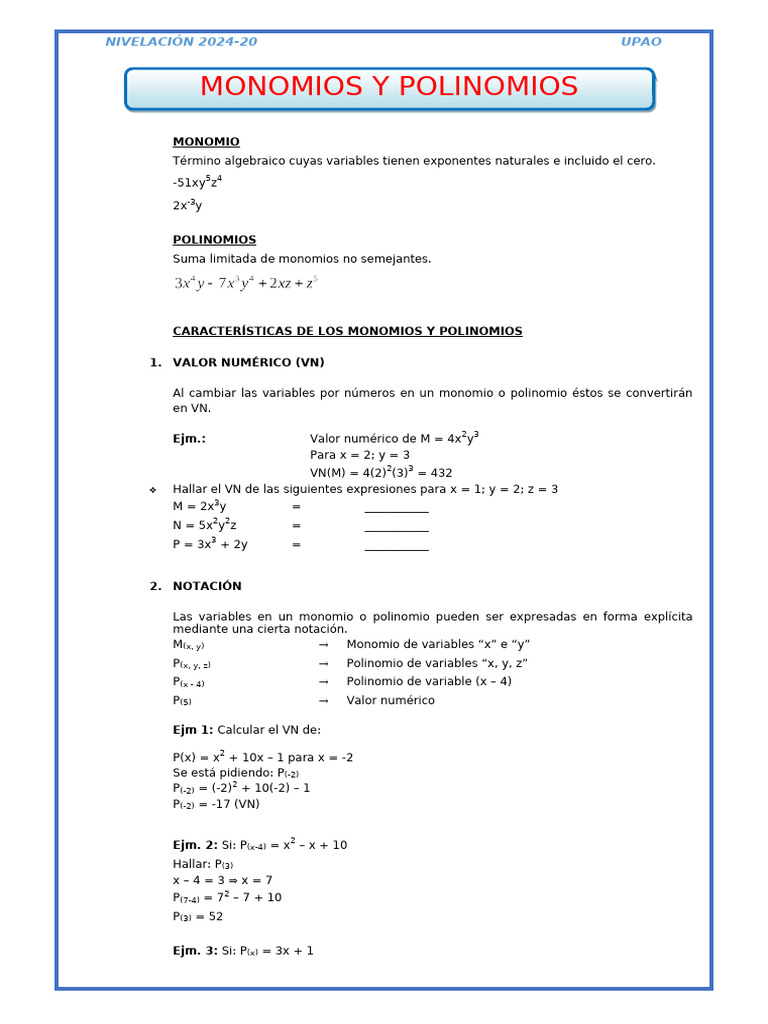 Monomios y Polinomios | PDF | Análisis matemático | Matemática Elemental