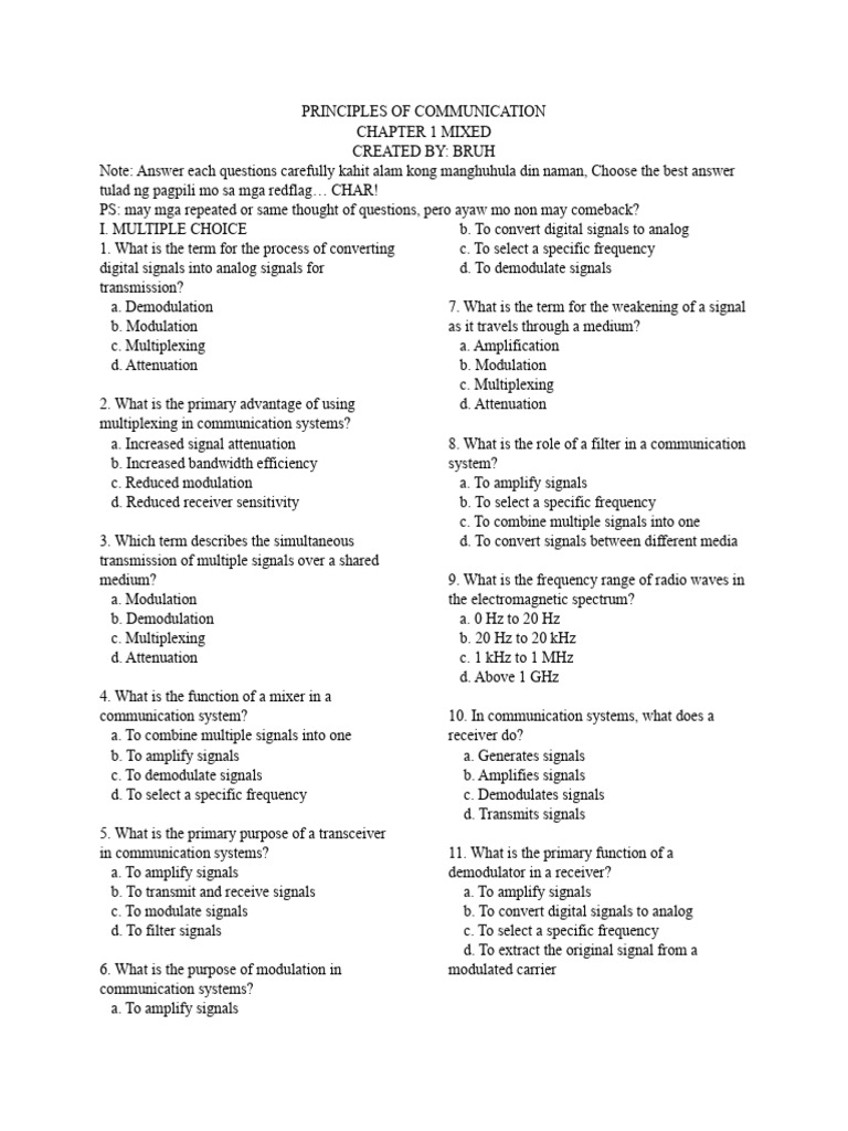 Sample Exam Principles Of Communication Part 1 Pdf Modulation Radio