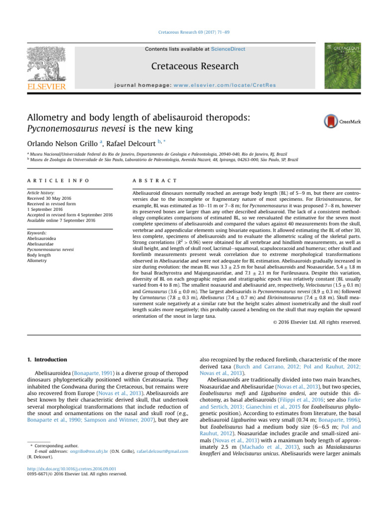 Abelisauroid Size and Allometry | PDF | Cretaceous Dinosaurs | Mesozoic ...