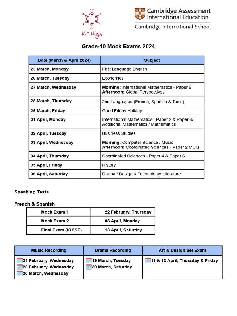 Grade 10 Mock Exam Schedule 2024 | PDF