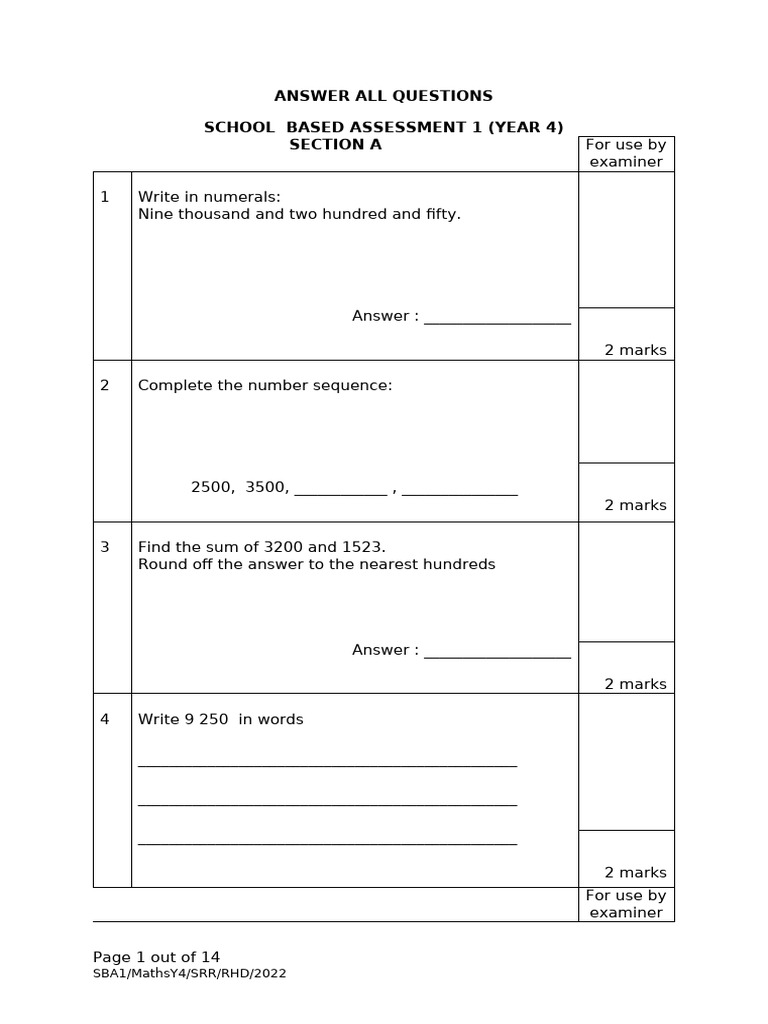 SBA1_MATHS_Y4_2022 | PDF | Arithmetic | Mathematics