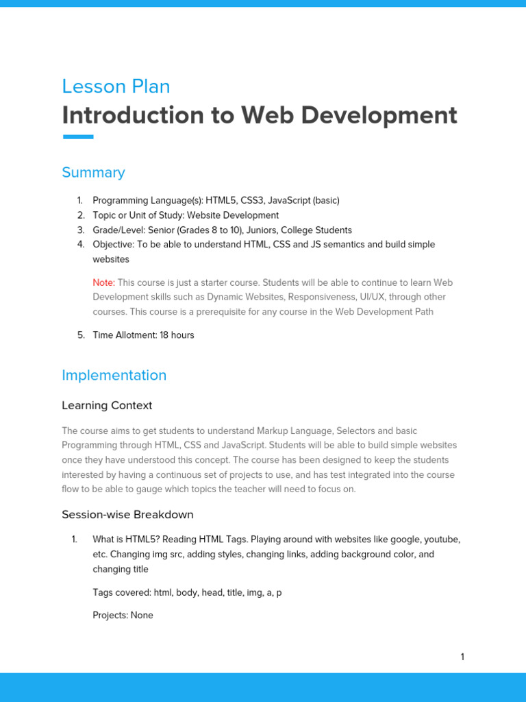 Introduction To Web Development - 15 Sessions | PDF | Html Element | Html
