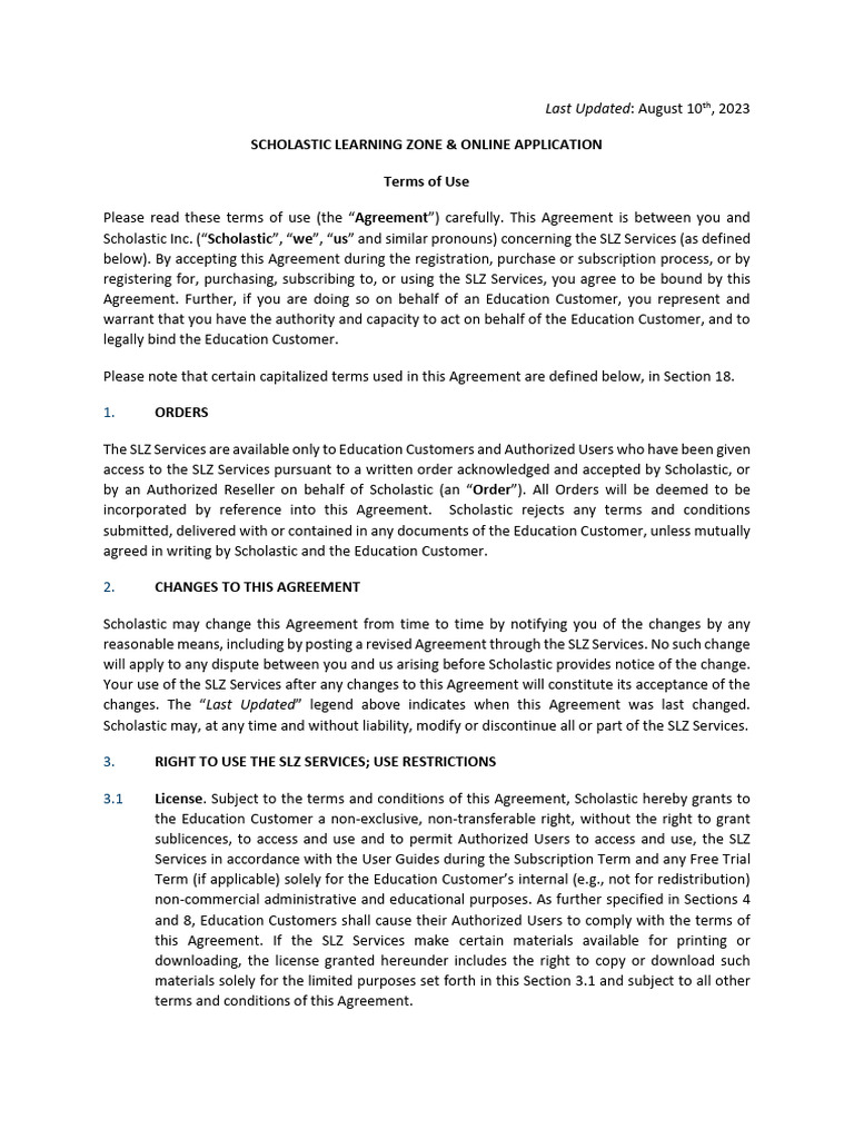 Scholastic Learning Zone Terms of Use | PDF | Indemnity | Arbitration