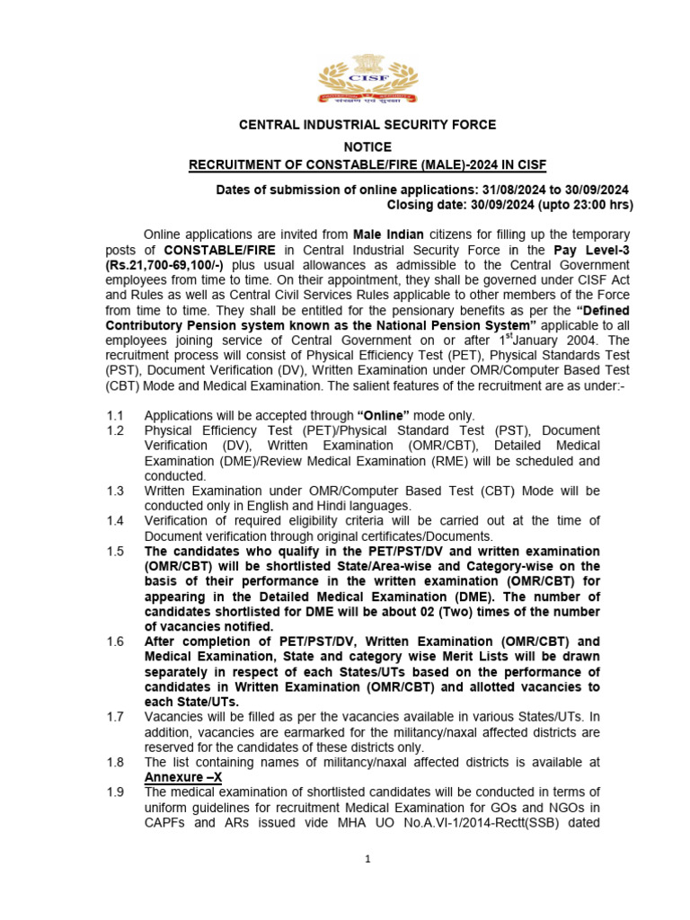 CISF Constable/Fire Recruitment 2024 | PDF | Identity Document