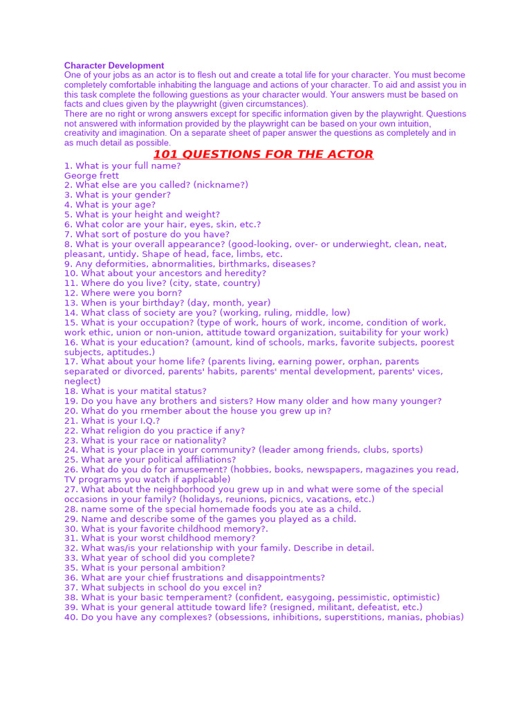 101 Questions For Actors Characterisation | PDF