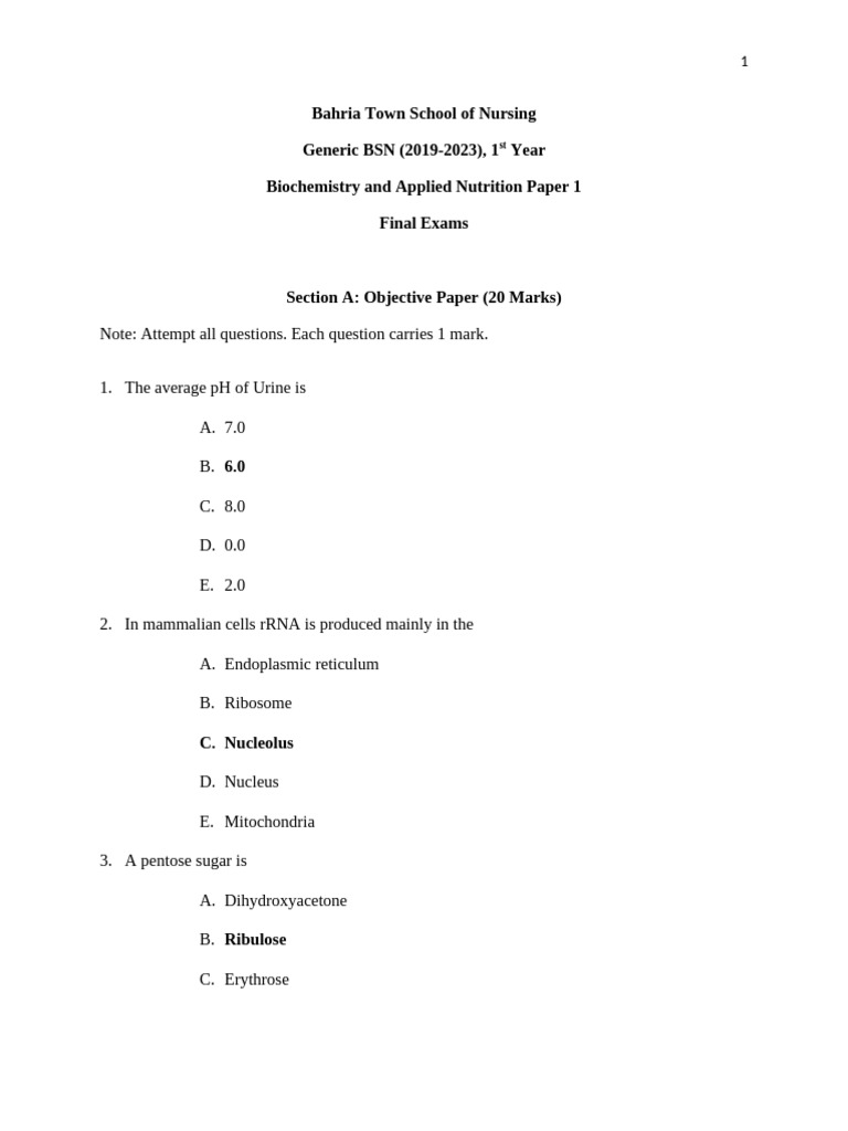 BSN Biochemistry Exam Questions 2023 | PDF | Malnutrition | Nutrition