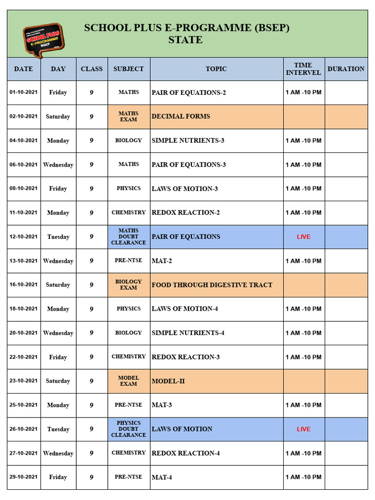 9th Grade BSEP Schedule 2021 | PDF