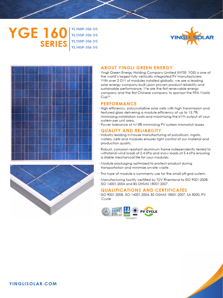 Yingli Solar Module Specifications | PDF | Photovoltaics | Sustainable ...