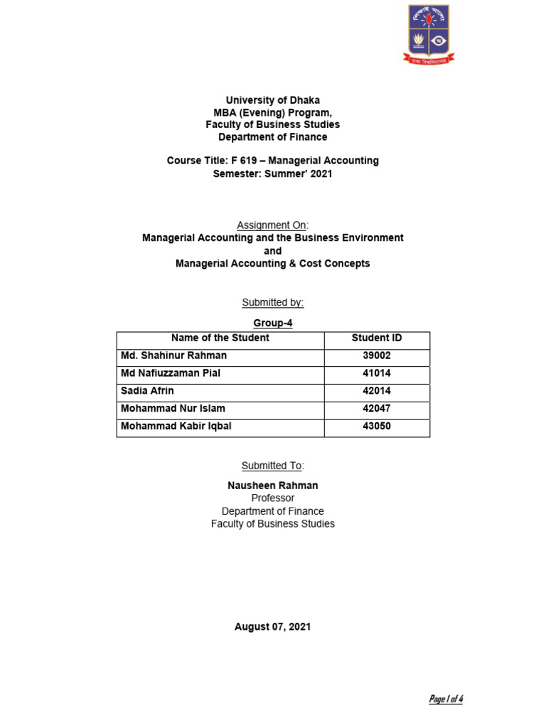 Assignment 1 F 619 Managerial Accounting Pdf Expense Economics