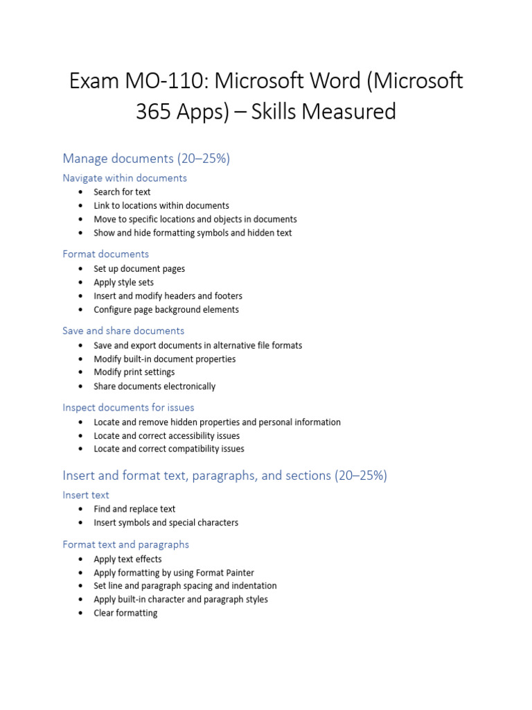Microsoft Word MO-110 Exam Overview | PDF | Paragraph | Note (Typography)