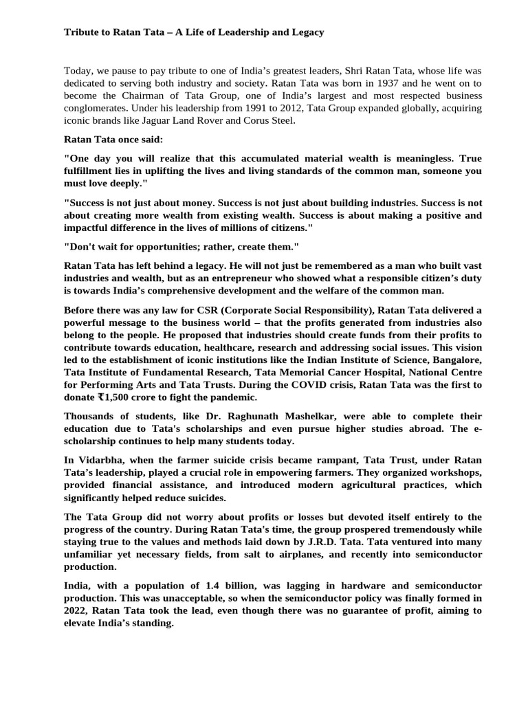 Ratan Tata: Leadership & Legacy | PDF | Corporate Social Responsibility ...