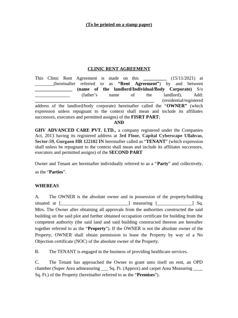 Clinic Rent Agreement Template | PDF | Leasehold Estate | Legal Liability