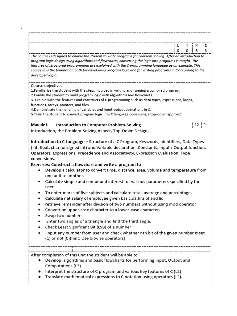 Problem Solving and Programming With C 12 September 2021 With Lab ...