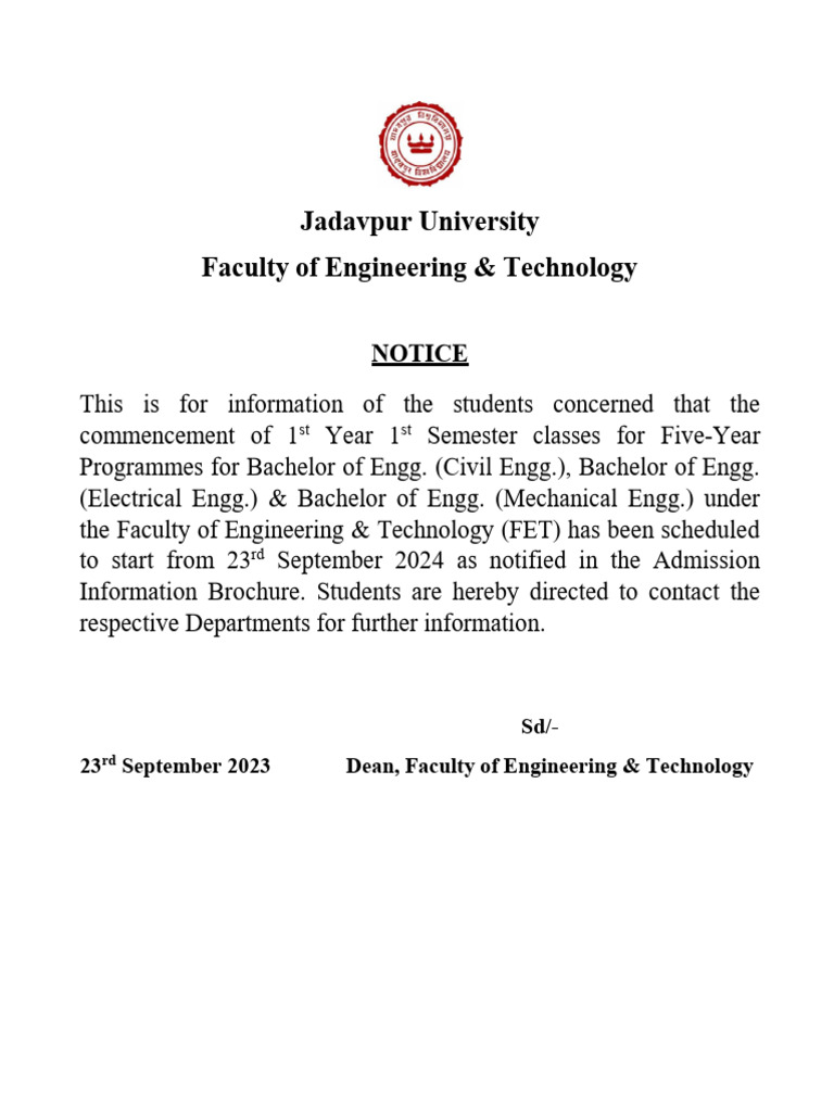 Ug engg 5yr even 2024 class start notice pdf