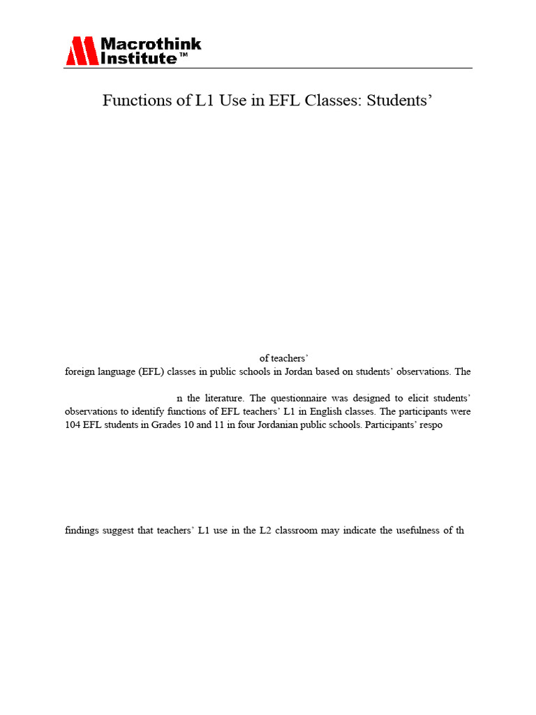 Functions of L1 in EFL Classes in Jordan | PDF | English As A Second Or ...