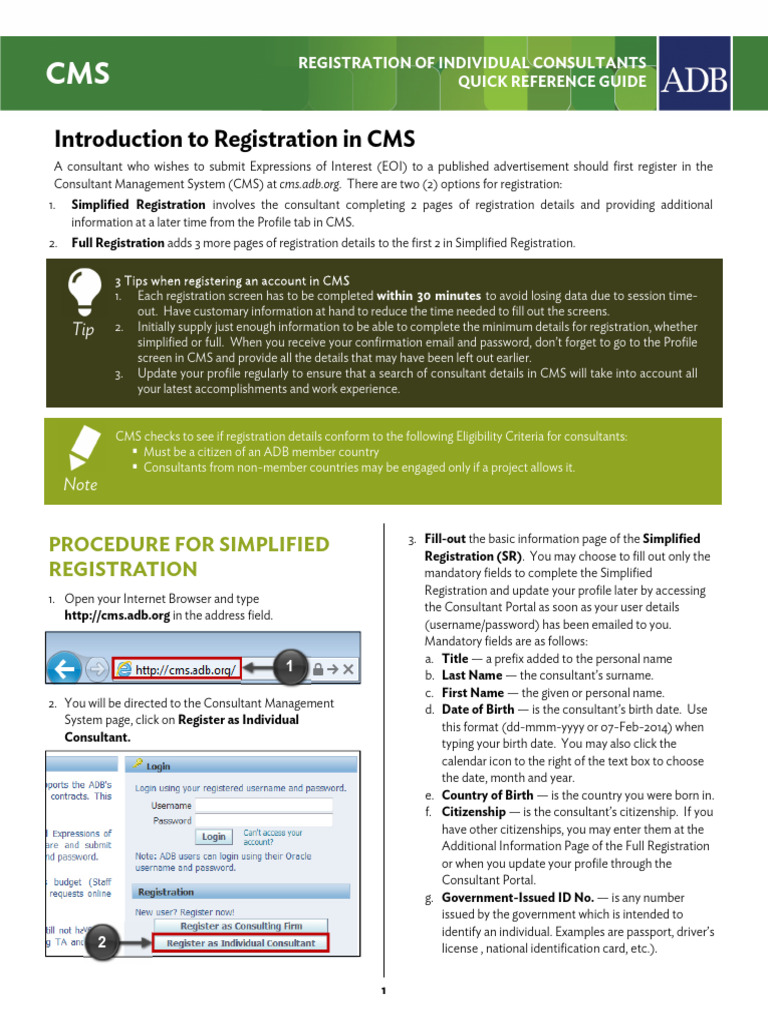 ADB CMS Registration Guide for Consultants | PDF | Identity Document ...