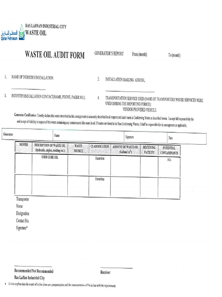 RLC - Waste Oil Audit Form | PDF