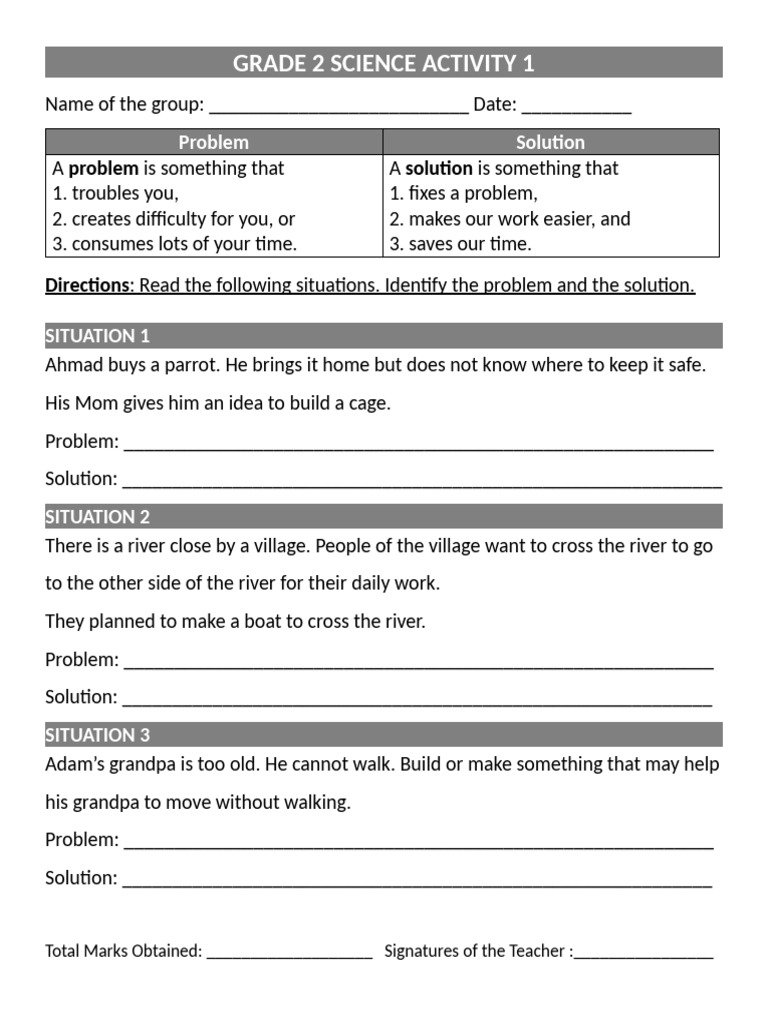 Grade 2 Problem and Solution Activity | PDF | Teaching Methods & Materials