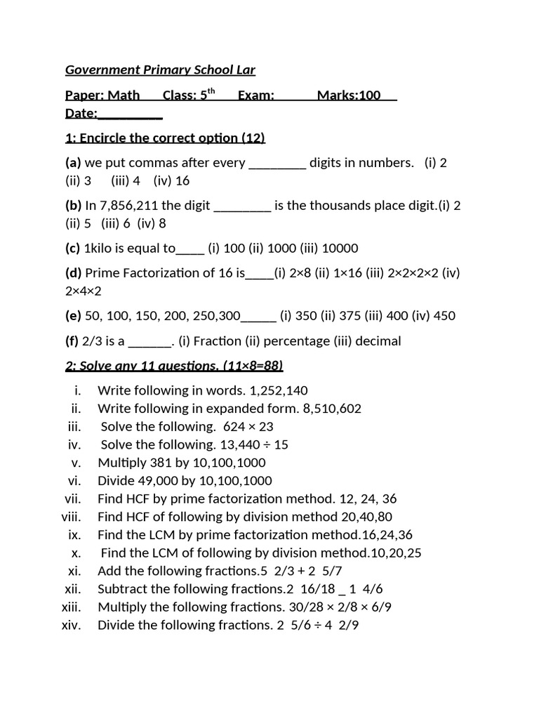 Class 5 Math Exam Paper | PDF | Art | Computers